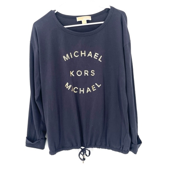 Michael Michael Kors Logo Navy Tie Waist Long Sleeve Pullover Crewneck Shirt Top - Picture 1 of 4